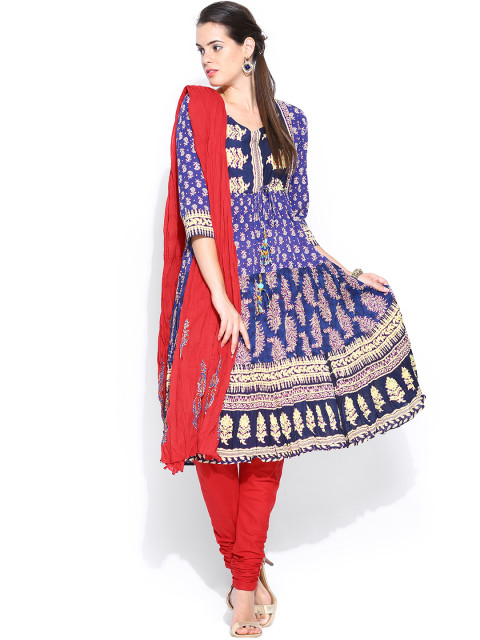 Women Red & Blue Printed Kurta with Churidar & Dupatta
